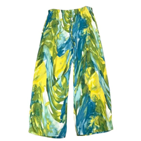 Natori Abstract Print Wide Leg Pants Green Blue Summer 100% Rayon Size Medium - Picture 1 of 6
